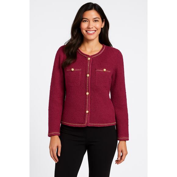 Adrianna Papell Jackets & Blazers - Adrianna Papell Blazer Women L Boucle Knit Burgundy Jacket Gold Pearl Buttons
